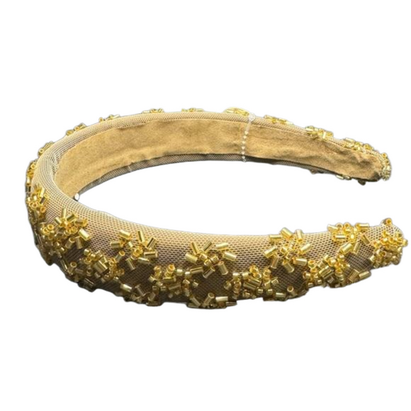 Beaded Metallic Headband - Tan - Elegant Starburst Design - Picture 2 of 4